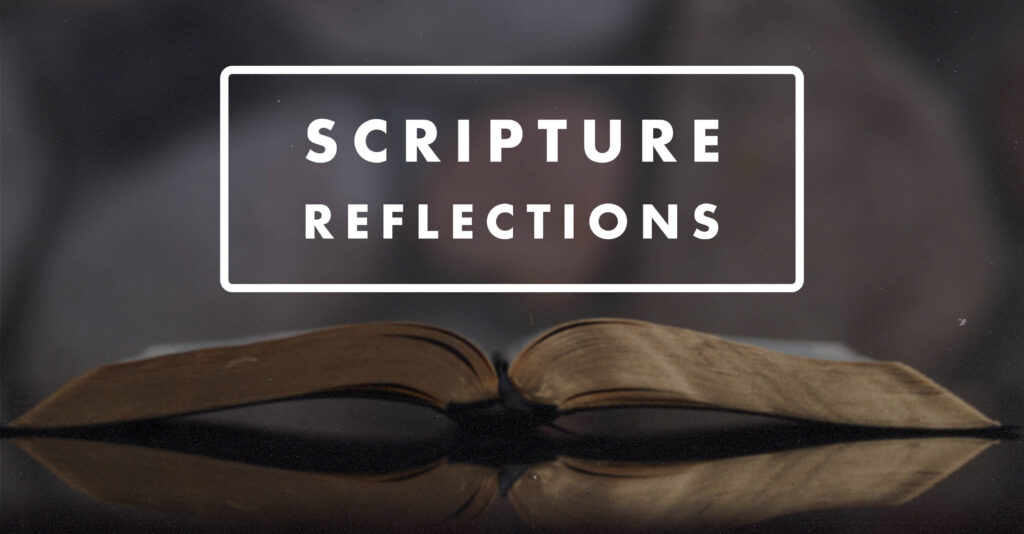 Cover graphic for “Scripture Reflections,” showing an open Bible on a reflective surface with the title displayed in a white rectangular frame above.