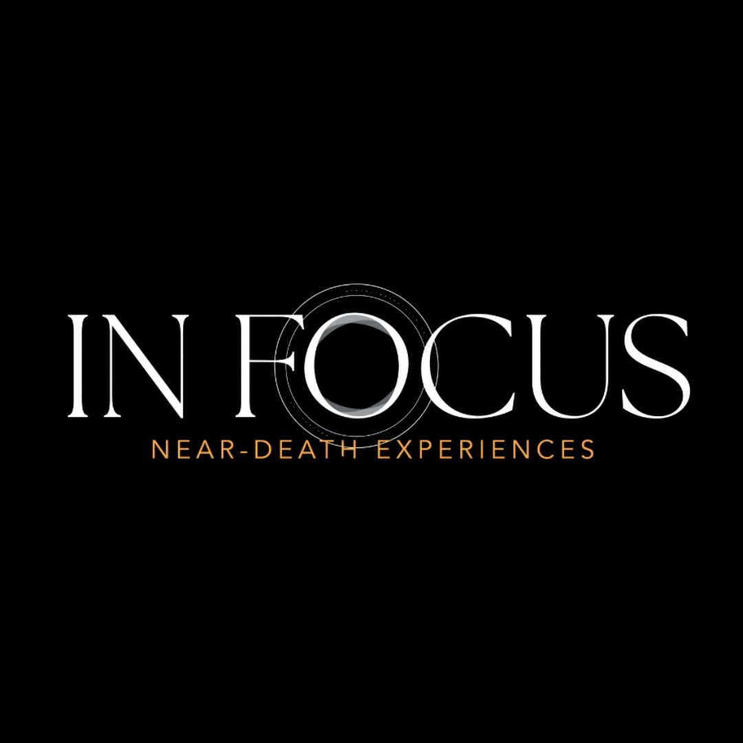 Black graphic with the title “In Focus” in large white letters, with the “O” designed to look like a camera lens. Below it, in smaller gold text, it reads “Near-Death Experiences.”