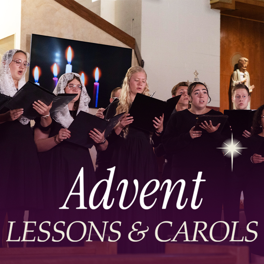 A choir of young adults singing inside a church, holding black folders, with an image of lit Advent candles displayed behind them and the text “Advent Lessons & Carols” overlaid.